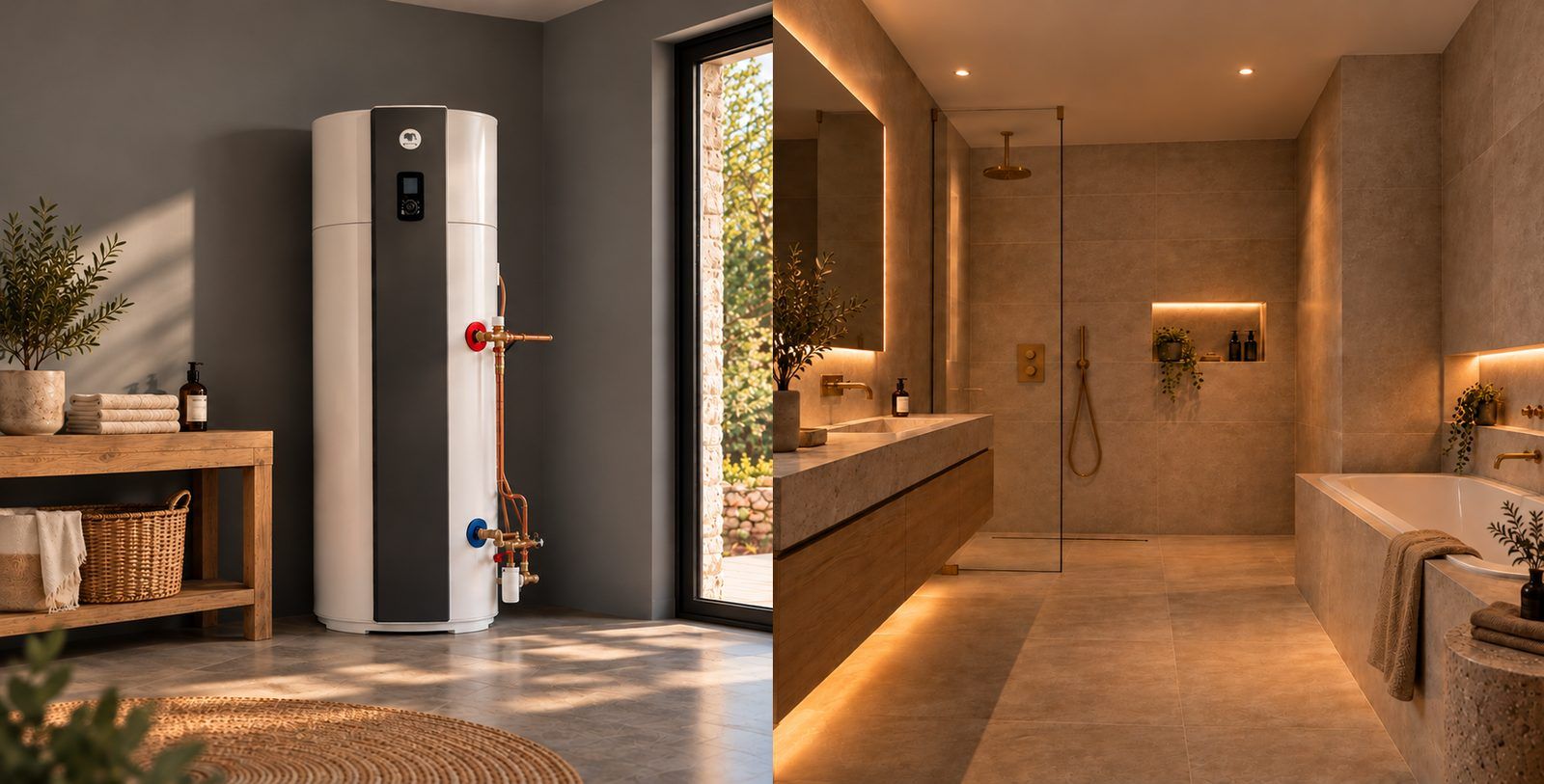 Ballon d'eau chaude et salle de bain avec douche à l'italienne